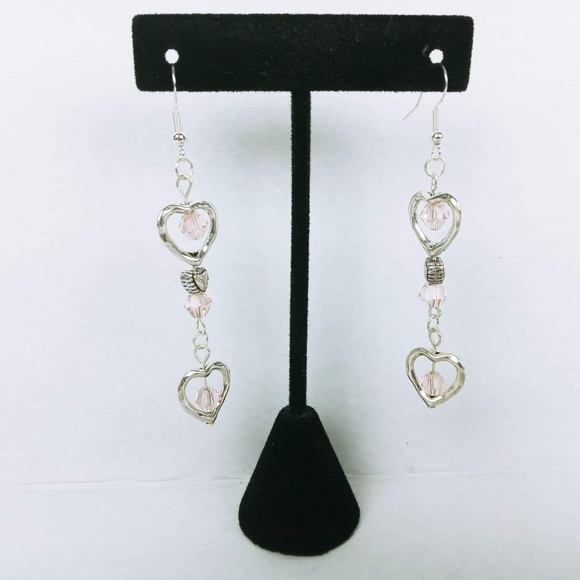 Silver hearts and pink glass faceted bead earrings - Picture 2 of 3